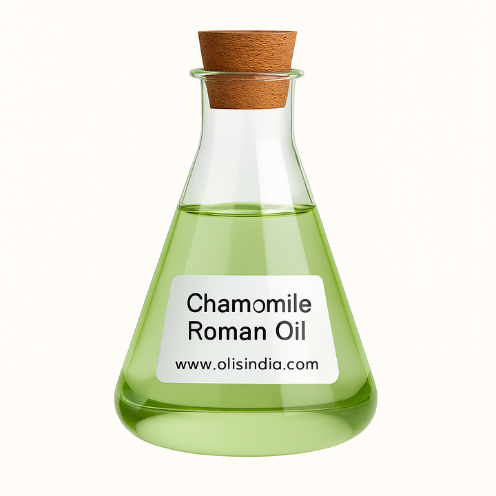 Bottle of chamomile roman oil with a cork lid with "Oils India" on a white background
