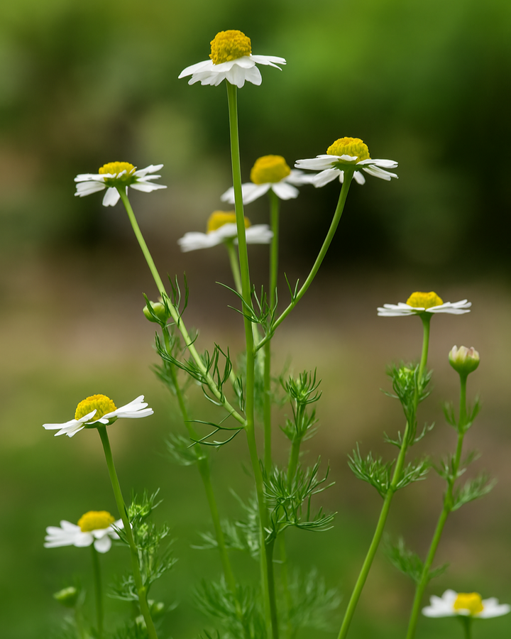 White flowers with yellow centers on a green plant against a blurred natural background