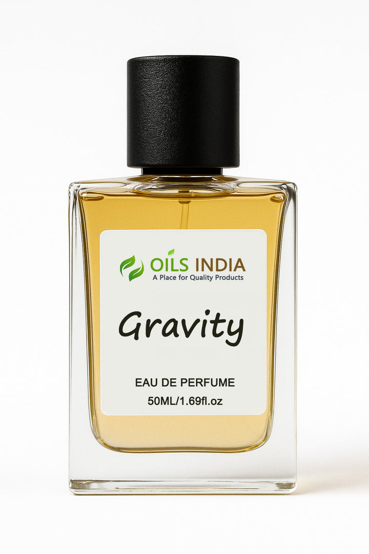 Eua De Perfume bottle labeled 'Gravity' by Oils India on a white background