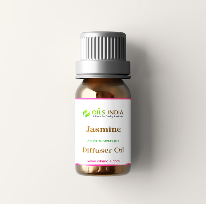 Bottle of Jasmine diffuser oil from Oils India on a white background