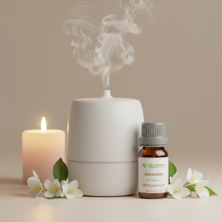 White diffuser with Jasmine oil bottle and flowers on a beige background