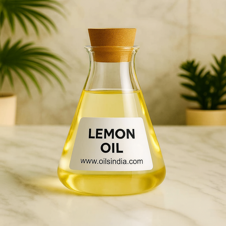 Glass bottle filled with pale yellow Lemon Oil, labeled "LEMON OIL www.oilsindia.com", placed on a white marble surface with green potted plants in the background