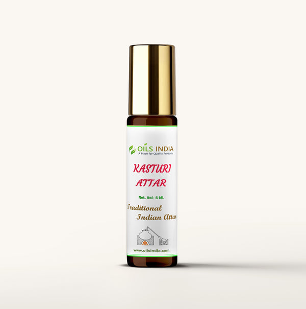 Bottle of Oils India Kasturi Attar on a white background