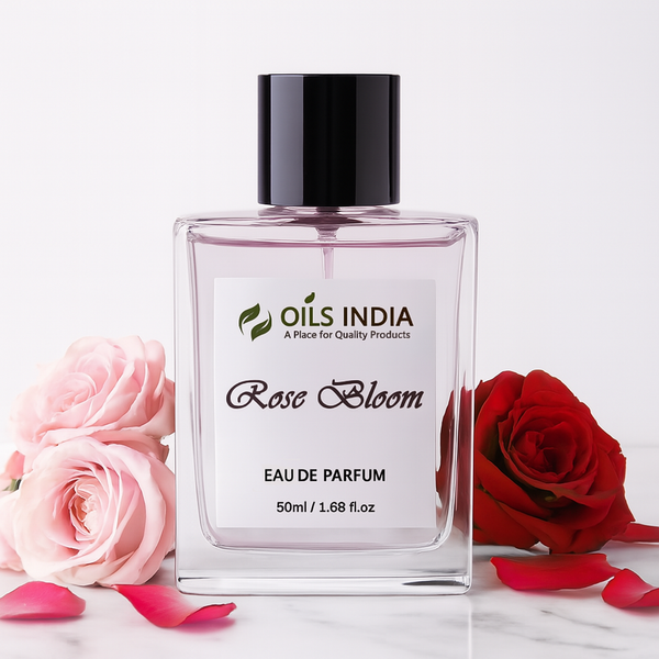 Oils India Rose Bloom Eau de Parfum bottle with pink and red roses on a white background