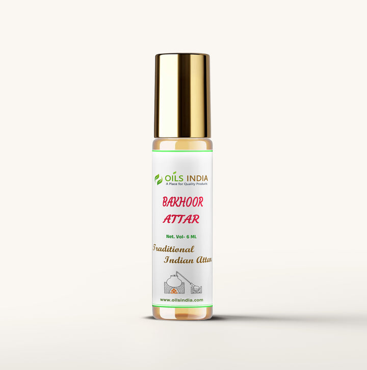 Bottle of Oils India Barhoor Attar on a white background