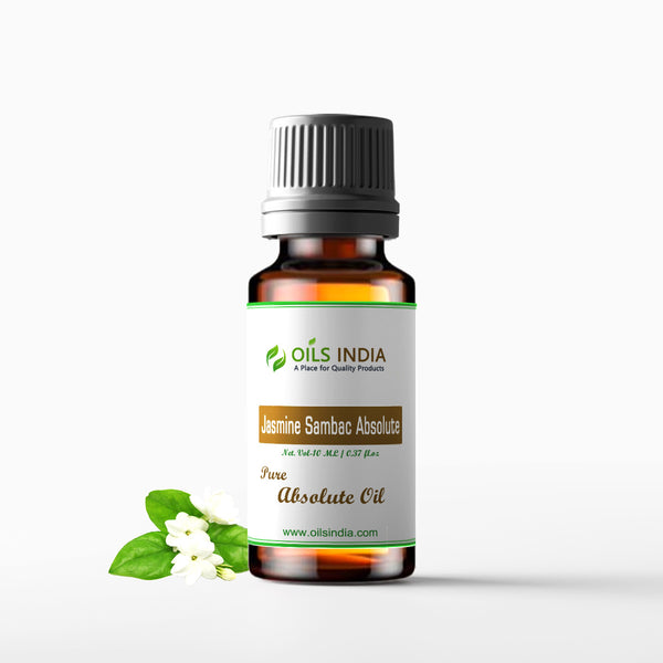 A bottle of Jasmine Sambac Absolute oil with a label that reads 'Jasmine Sambac Absolute Pure Absolute Oil'. The bottle is sealed with a black cap and a flower is visible to the side, indicating the floral scent of the oil.