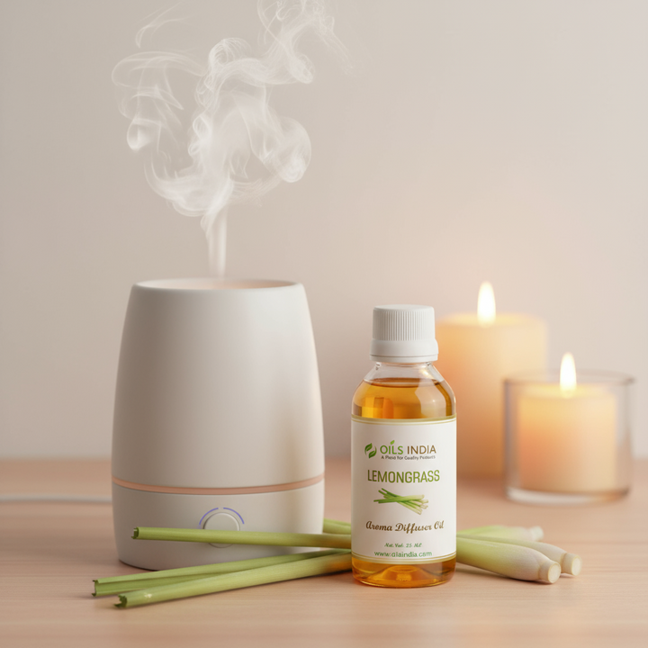 Lemongrass diffuser oil bottle with a diffuser and candles on a wooden surface.