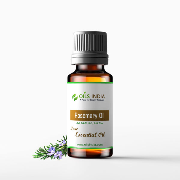 A bottle of Rosemary essential oil by Oils India with a label that reads 'Rosemary Oil', indicating it is 100% Pure Essential Oil. The bottle is sealed with a black cap and a sprig of rosemary is placed to the left of the bottle.