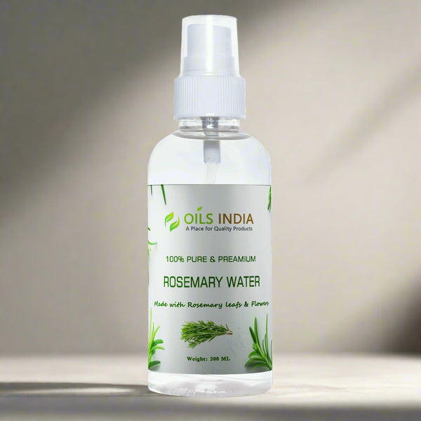Bottle of Oils India Rosemary Water on a neutral background