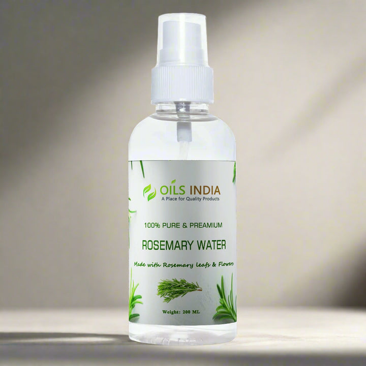 Bottle of Oils India Rosemary Water on a neutral background