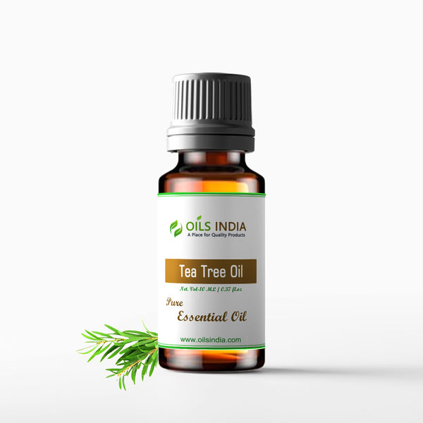 A bottle of Tea Tree Oil with a black cap and a label that includes the brand name and product name. There is a small branch of tea tree leaves to the left of the bottle.