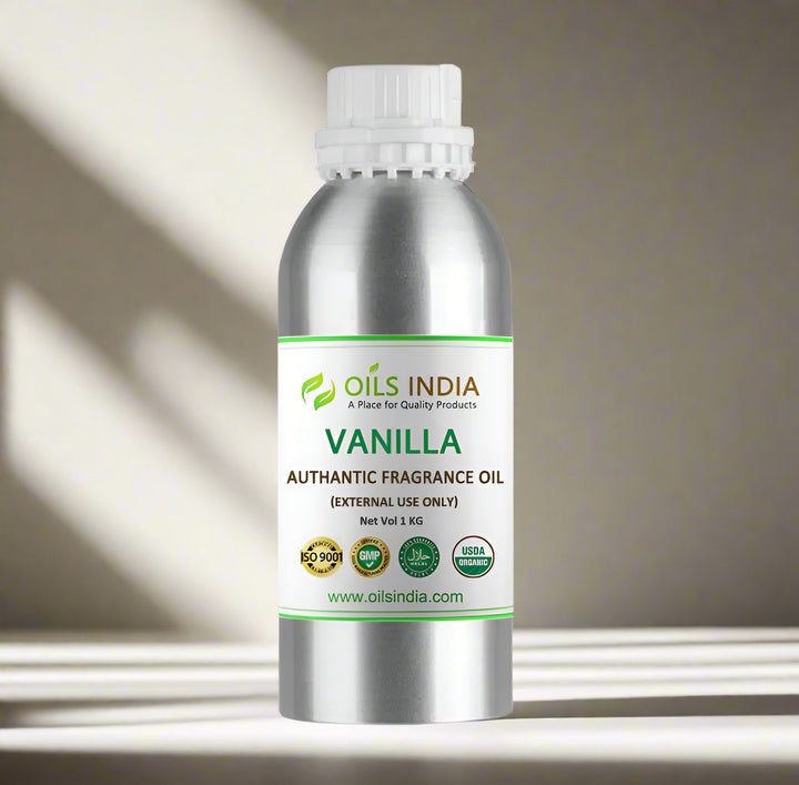 Vanilla fragrance oil bottle with 'Oils India' label on a white background.