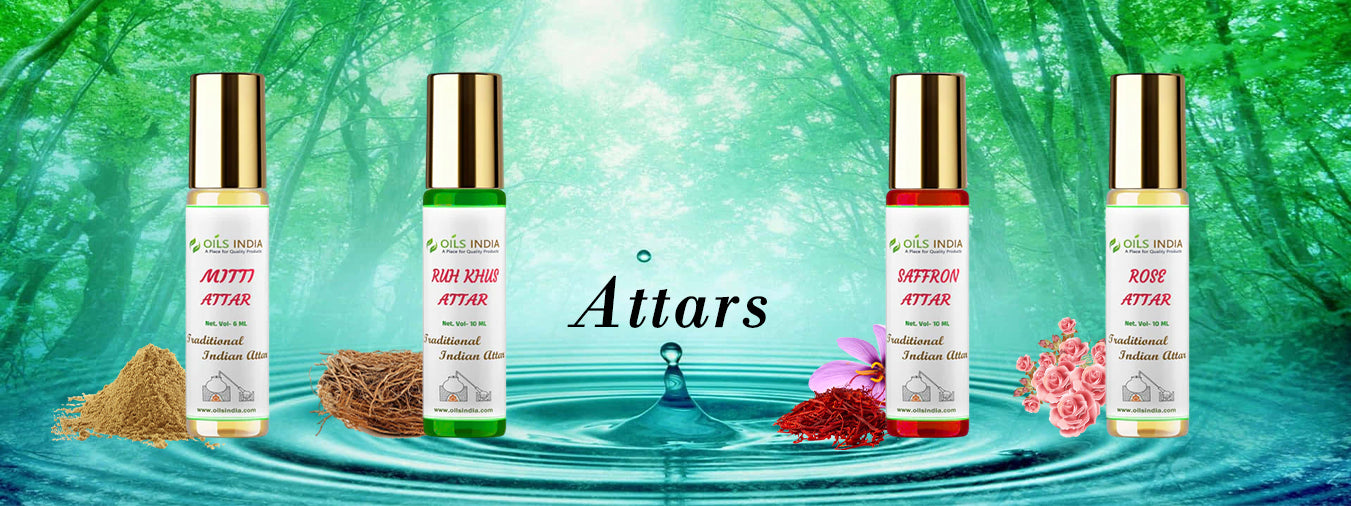 Five bottles of Natural Indian attars with a green and blue gradient background