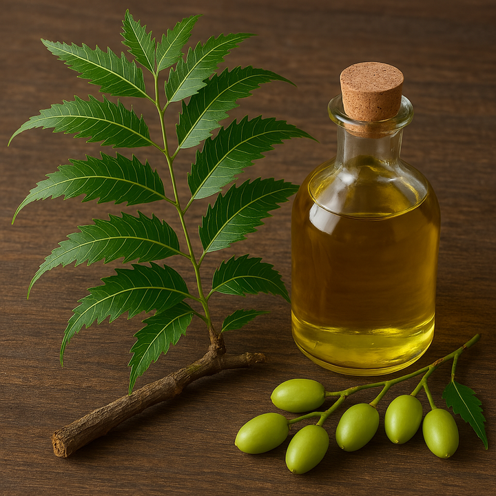 Bottle of azadirachta indica neem tree oil with a branch and azadirachta indica neem tree on a wooden background