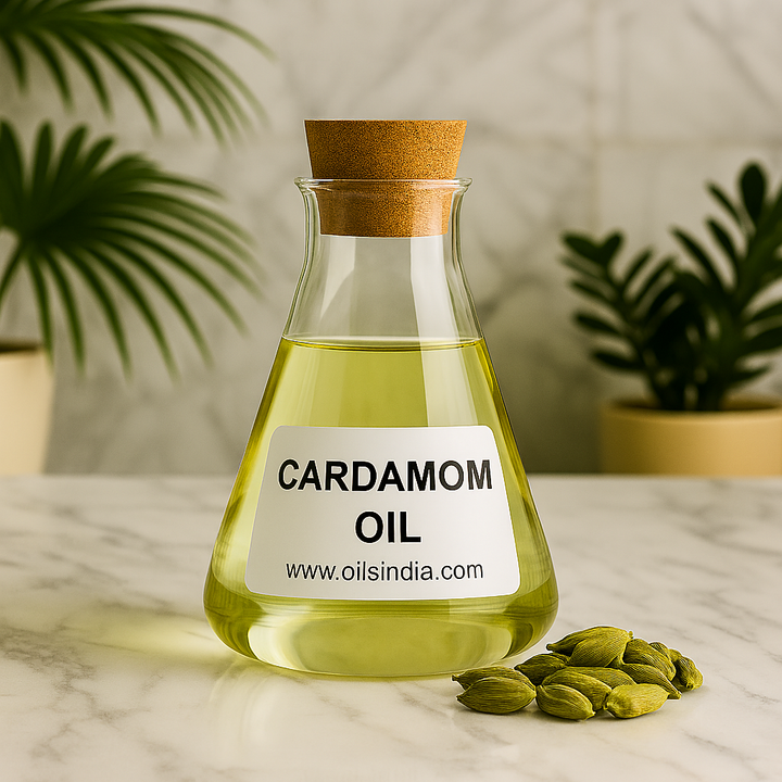 Bottle of cardamom oil with a cork lid on a marble surface, surrounded by cardamom pods, with a blurred plant background.