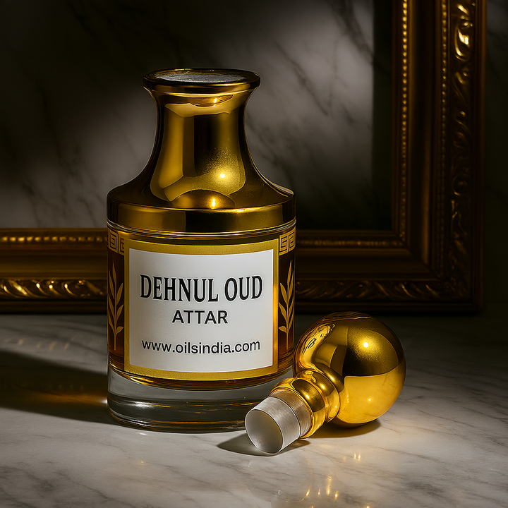 Gold Dehnul Oud Attar bottle on a marble surface with a decorative frame in the background.