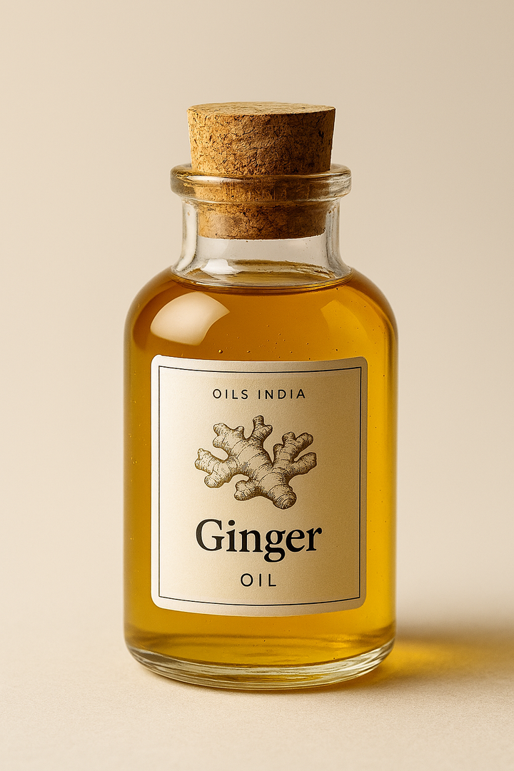 Bottle of ginger oil by Oils India with a cork lid on a beige background