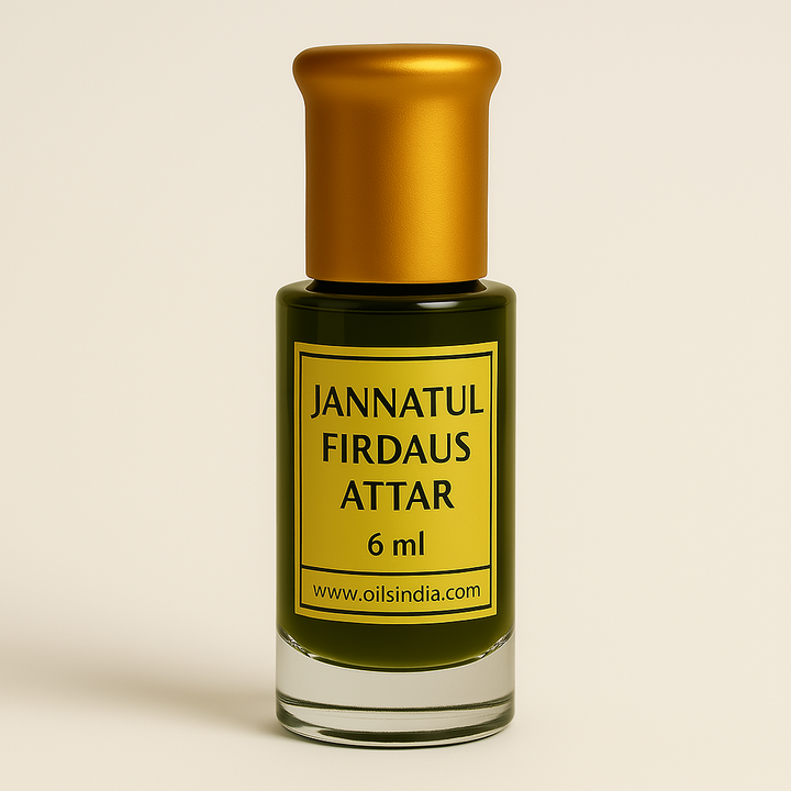 Bottle of Jannatul Firdaus Attar with a gold cap on a beige background by Oils India