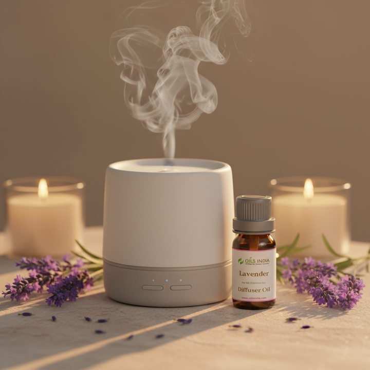 White diffuser with lavender oil bottle and flowers on a wooden surface