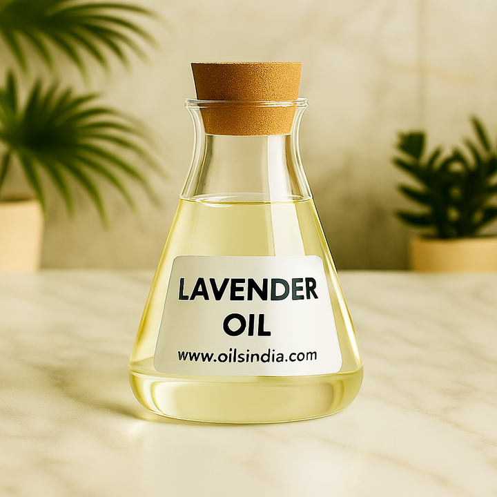 Bottle of lavender oil with a cork lid on a wooden surface, plants in the background