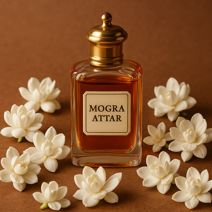 A glass bottle labeled 'MOGRA ATTAR' with a golden cap, surrounded by white flowers on a brown background by oils india.