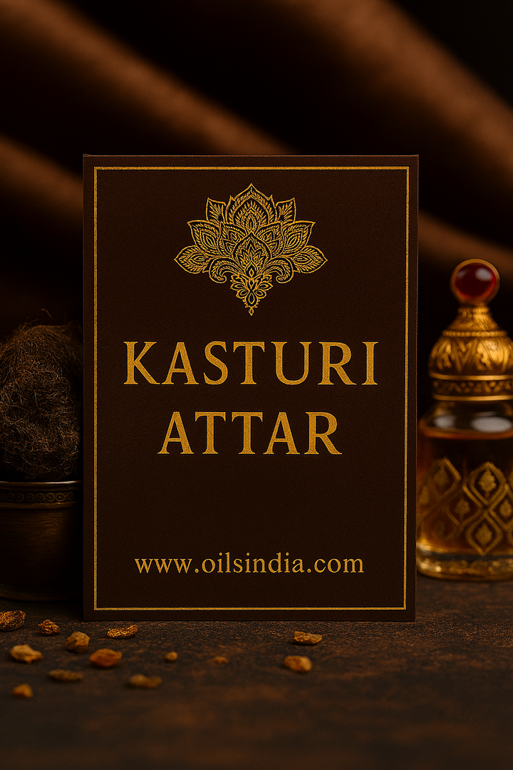 Kasturi Attar packaging with decorative elements on a dark background