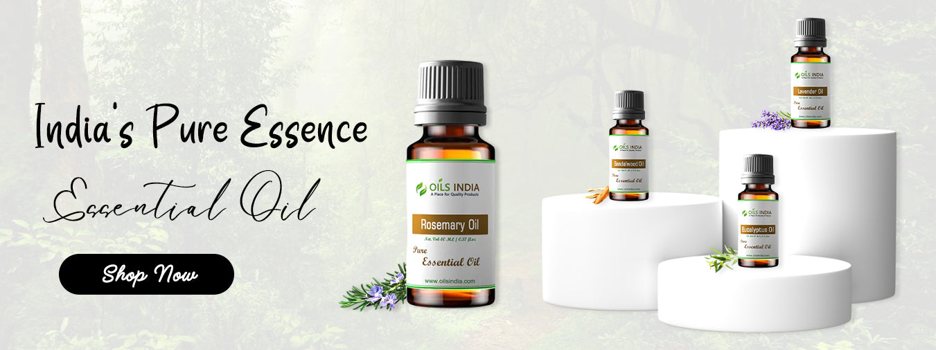Essential oil bottles with 'India's Pure Essence' branding on a light background