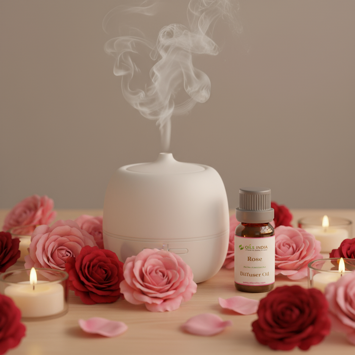 White diffuser with smoke, surrounded by pink and red roses and candles on a wooden surface.