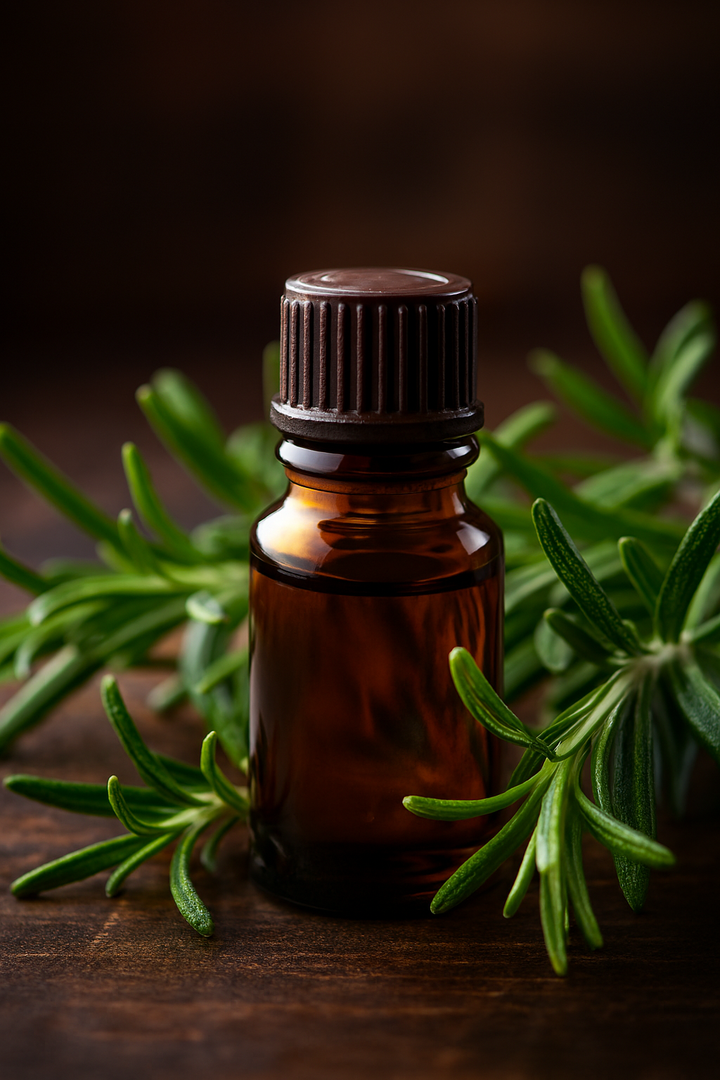 Brown glass bottle with a dark cap surrounded by green rosemary leaves on a wooden surface by Oils India.