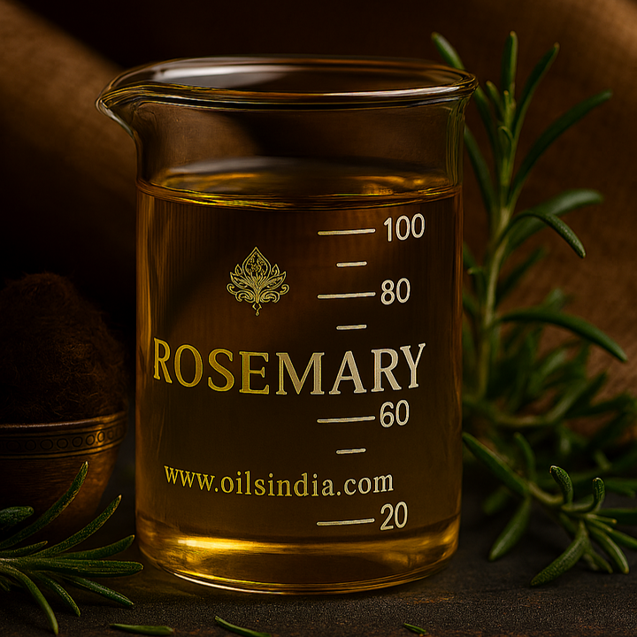 Glass jar of rosemary oil with a label Oils India on a dark background