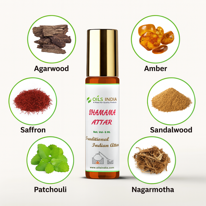Shamama Attar bottle with ingredients like agarwood, amber, saffron, sandalwood, patchouli, and nagarmotha displayed around it.