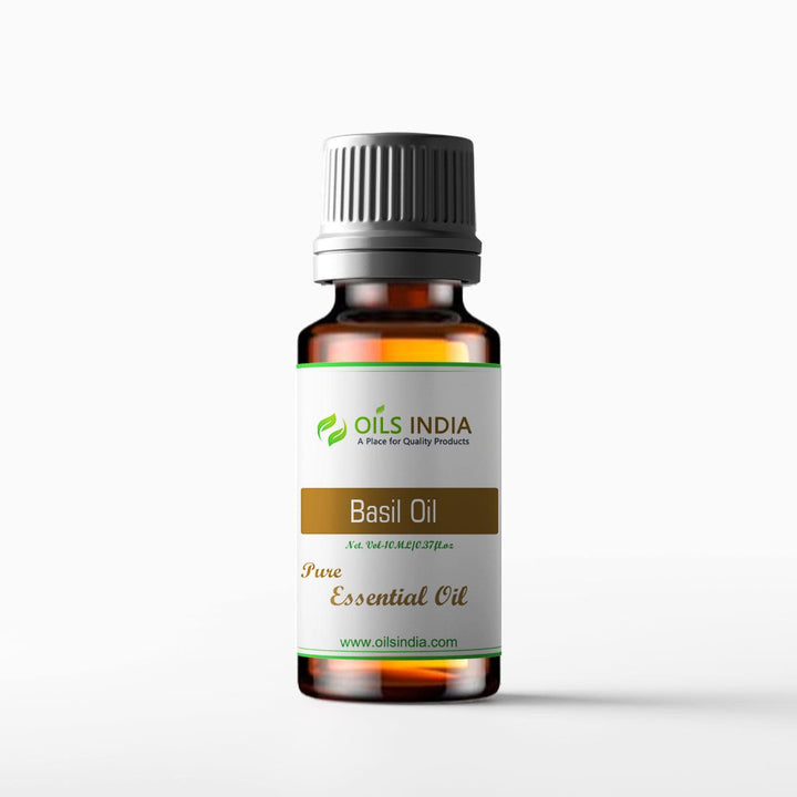 Bottle of Basil Essential Oil by Oils India on a white background