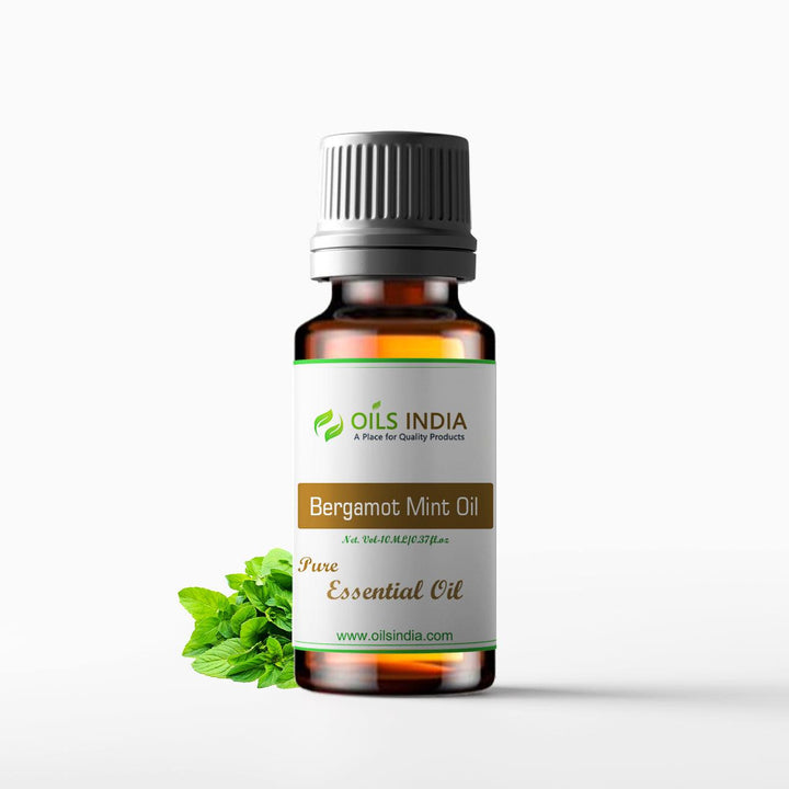 Bottle of Bergamot Mint Essential Oil by Oils India on a white background