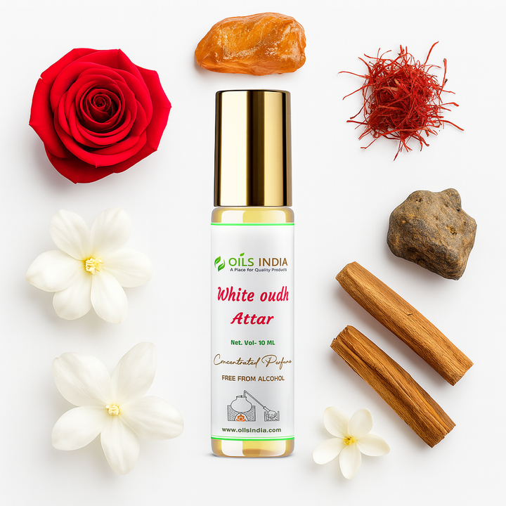 White Oudh Attar bottle by Oils India with saffron, rose, flowers, Amber and sandalwood sticks on a white background